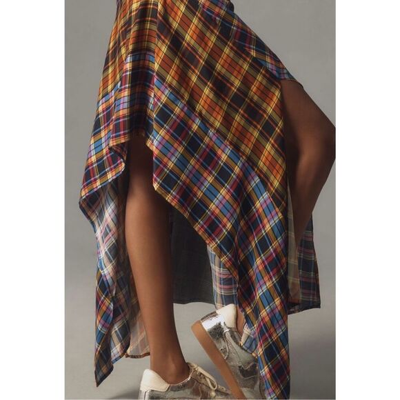 Anthropologie Maeve Plaid Patchwork Strapless Asymmetrical Midi Handkerchief Dre - Picture 5 of 11